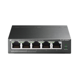 Switch PoE No Administrable de Escritorio / 5 puertos 10/100 Mbps / 4 puertos PoE af / Presupuesto 41 W / Modo extensor PoE hasta 250 metros / Calidad video prioritaria