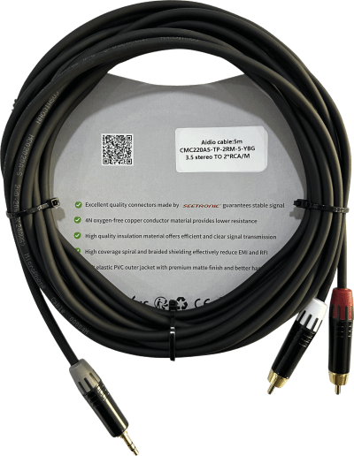 Cable 3.5mm a 2 RCA, conectores negros, con diferenciador de blanco y rojo en RCA MT380-RD - MT380-WH - MTP3C-BG, length 5m - Image 2