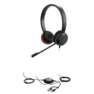 Jabra Evolve 30 II Duo con conexión USB C/A y 3.5mm, micrófono con cancelación de ruido y controlador en el cable con botones e indicadores LED (5399-829-369))