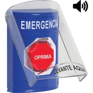 Botón Multipropósito, Color Azul, De Superficie, Con Tapa De Policarbonato, Con Bocina Pre Alarma, Solo Interior, Llave Para Restablecer, Texto De Emergencia, Español